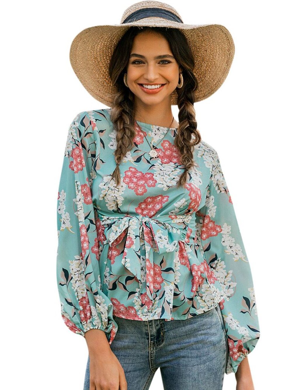 Simplee Floral Tie Back Blouse with Puff Sleeve